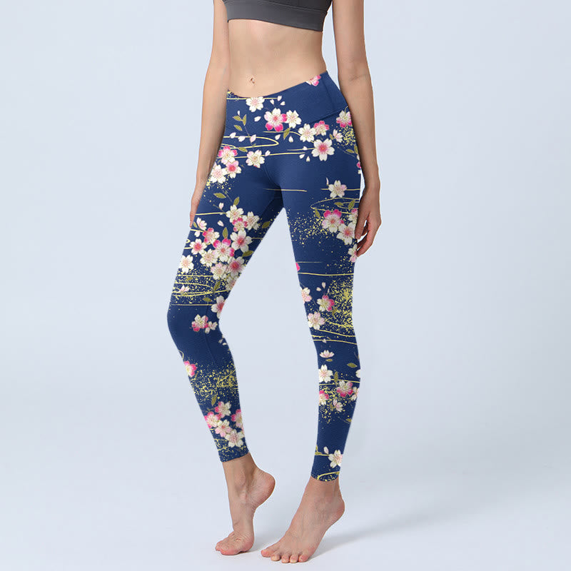 Buddha Stones Pink Magenta Flowers Green Leaves Print Gym Leggings Women's Yoga Pants - SteelBlue - US18，UK/AU22，EU50 (4XL) - image 0