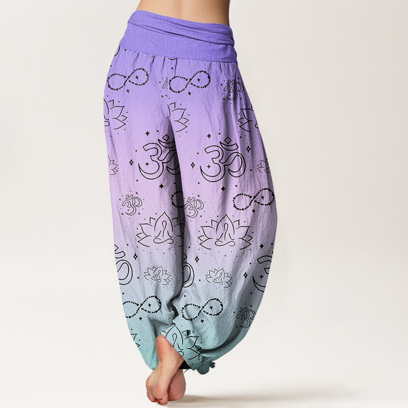 Buddha Stones Cotton OM Symbol Lotus Meditating Figure Infinity Pattern Women's Elastic Waist Harem Pants - image 1