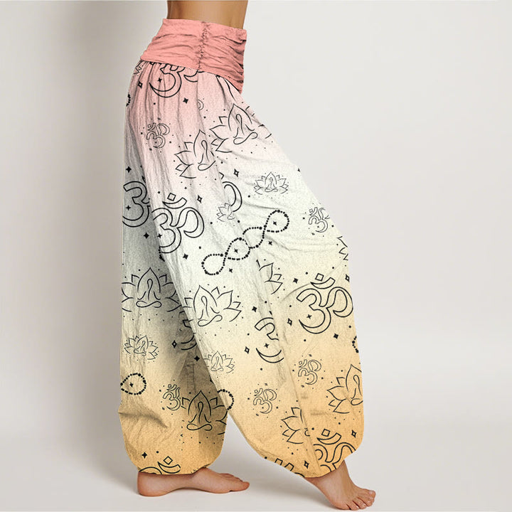 Buddha Stones Cotton OM Symbol Lotus Meditating Figure Infinity Pattern Women's Elastic Waist Harem Pants - image 9