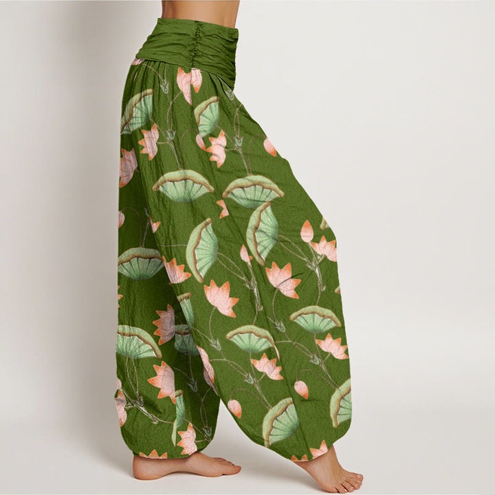 Buddha Stones Pink Lotus Flowers Lush Green Leaves Pattern Women's Elastic Waist Harem Pants - image 2