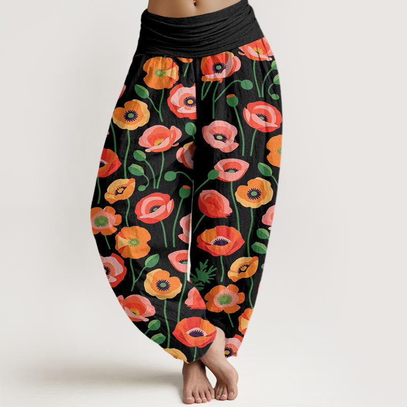 Buddha Stones Cotton Red Orange Flowers Pattern Women's Elastic Waist Harem Pants - Black - US22，UK/AU26，EU54 (6XL) - image 0
