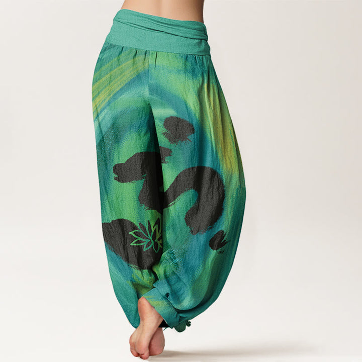 Buddha Stones Cotton OM Symbol Lotus Flower Pattern Women's Elastic Waist Harem Pants - image 1