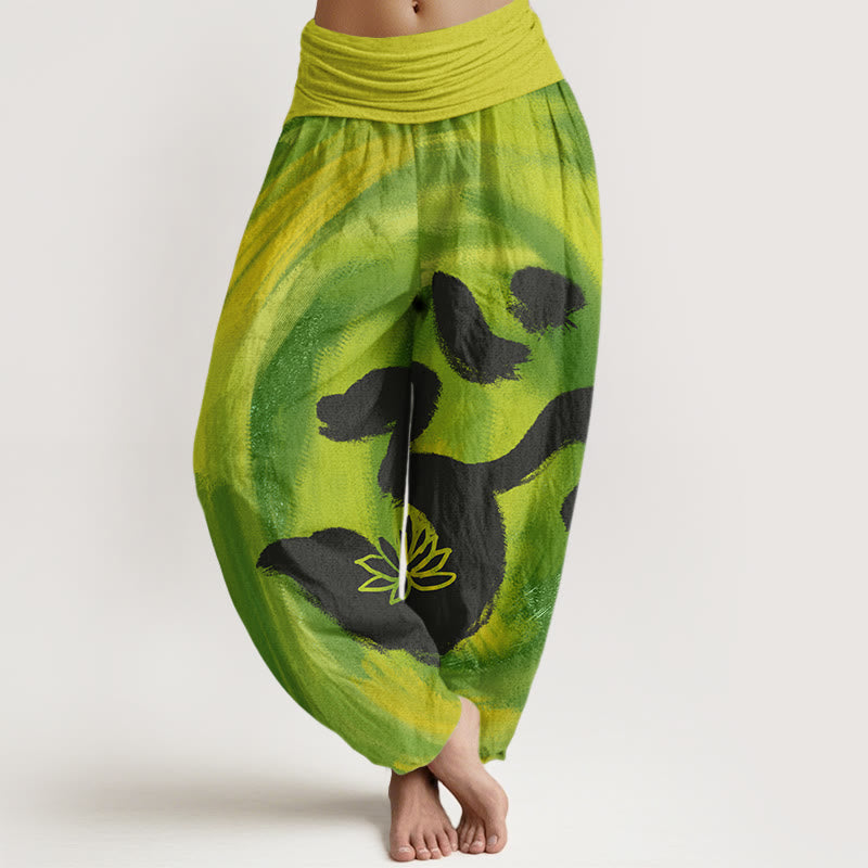 Buddha Stones Cotton OM Symbol Lotus Flower Pattern Women's Elastic Waist Harem Pants - YellowGreen - US22，UK/AU26，EU54 (6XL) - image 7