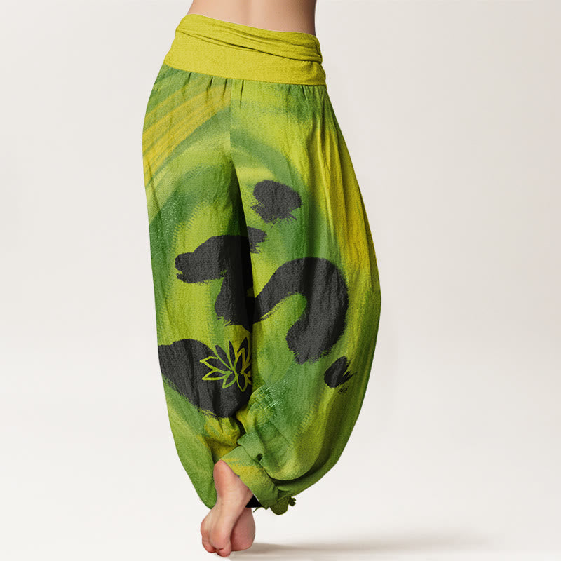 Buddha Stones OM Symbol Lotus Flower Pattern Women's Elastic Waist Harem Pants - image 8