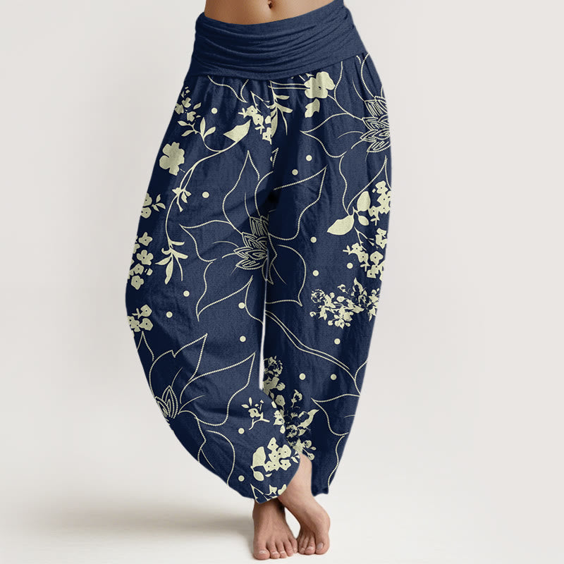 Buddha Stones Beige Large Petal Flowers Blossoms Pattern Women's Elastic Waist Harem Pants - SteelBlue - US22，UK/AU26，EU54 (6XL) - image 0