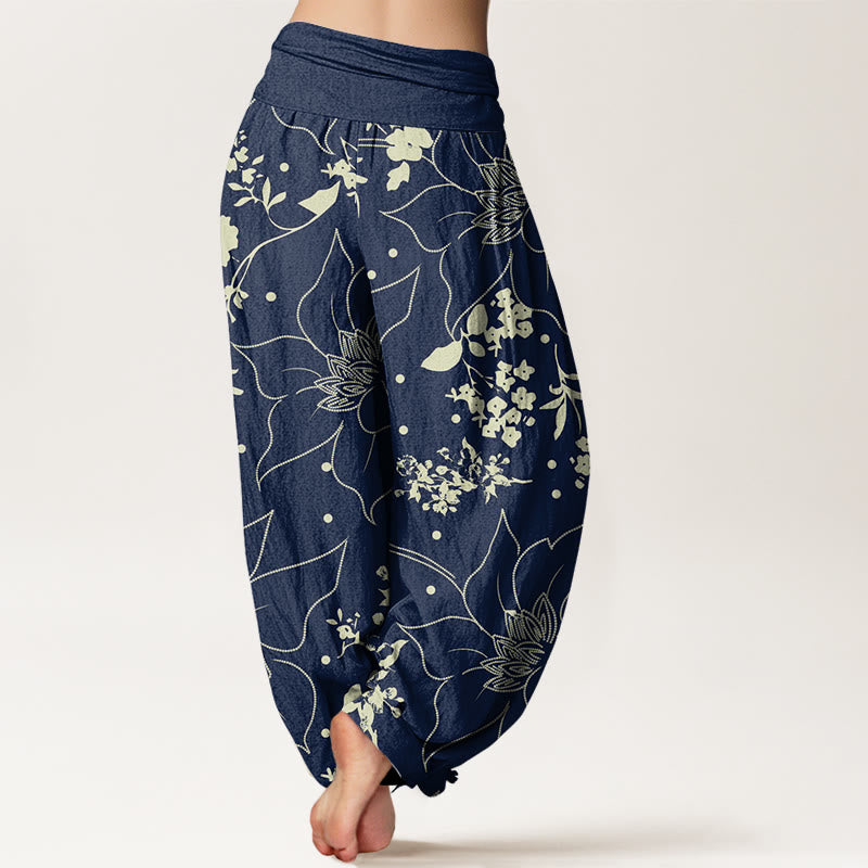 Buddha Stones Beige Large Petal Flowers Blossoms Pattern Women's Elastic Waist Harem Pants - image 1