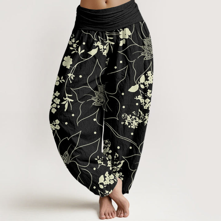 Buddha Stones Beige Large Petal Flowers Blossoms Pattern Women's Elastic Waist Harem Pants - Black - US22，UK/AU26，EU54 (6XL) - image 4