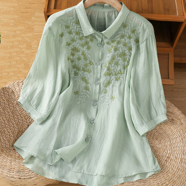 Buddha Stones Leaf Embroidery Cotton Buttons Half Sleeve Women's Shirt - Honeydew - US12，UK/AU16，EU44 (2XL) - image 0