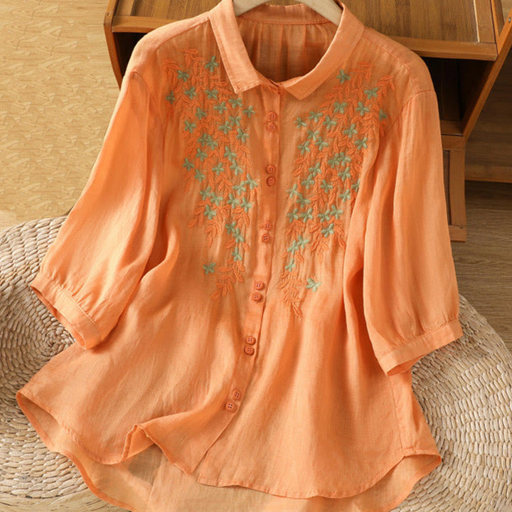 Buddha Stones Leaf Embroidery Cotton Buttons Half Sleeve Women's Shirt - Orange - US12，UK/AU16，EU44 (2XL) - image 22