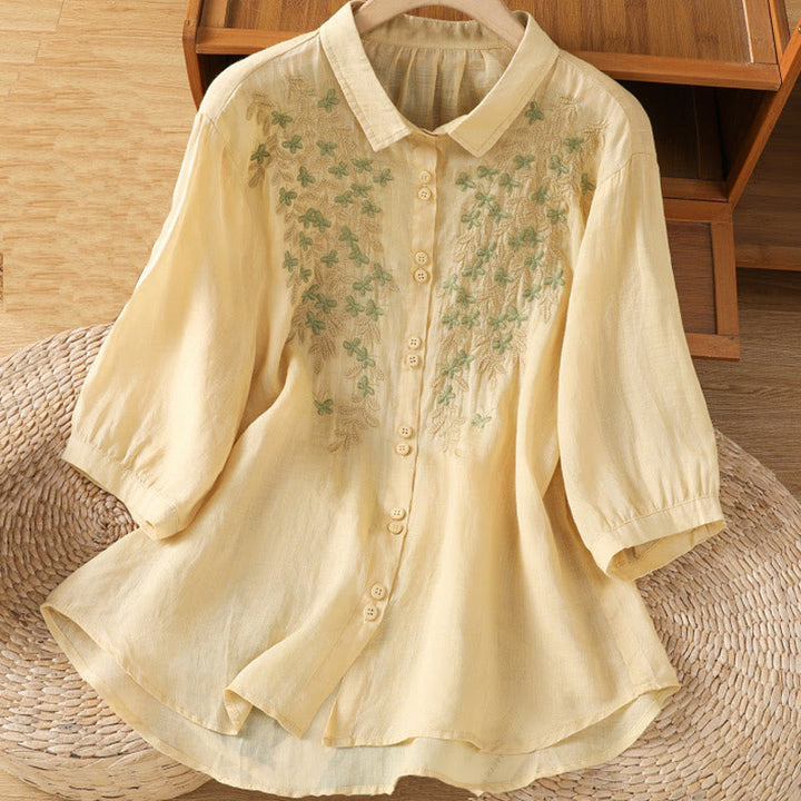Buddha Stones Leaf Embroidery Cotton Buttons Half Sleeve Women's Shirt - Cornsilk - US12，UK/AU16，EU44 (2XL) - image 10