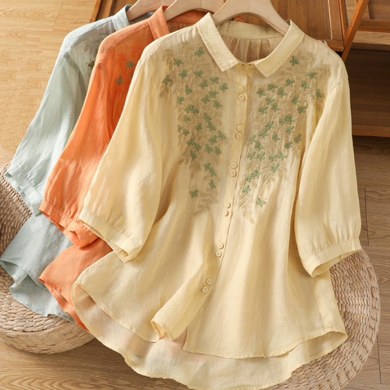 Buddha Stones Leaf Embroidery Cotton Buttons Half Sleeve Women's Shirt - image 11