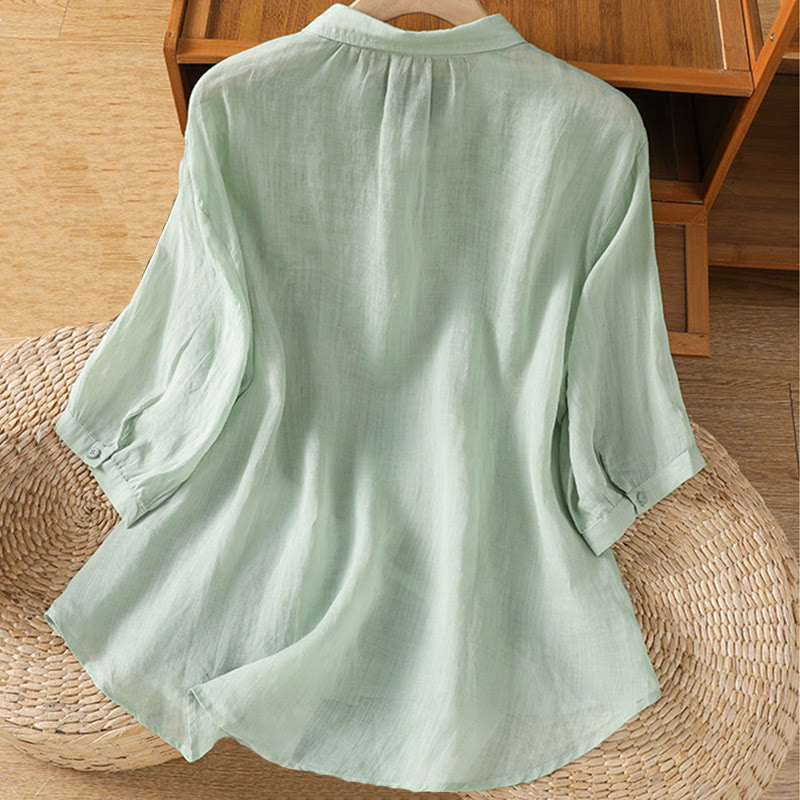 Buddha Stones Leaf Embroidery Cotton Buttons Half Sleeve Women's Shirt - image 1