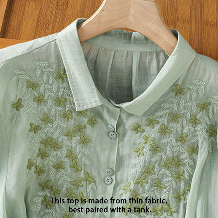 Buddha Stones Leaf Embroidery Cotton Buttons Half Sleeve Women's Shirt - image 2