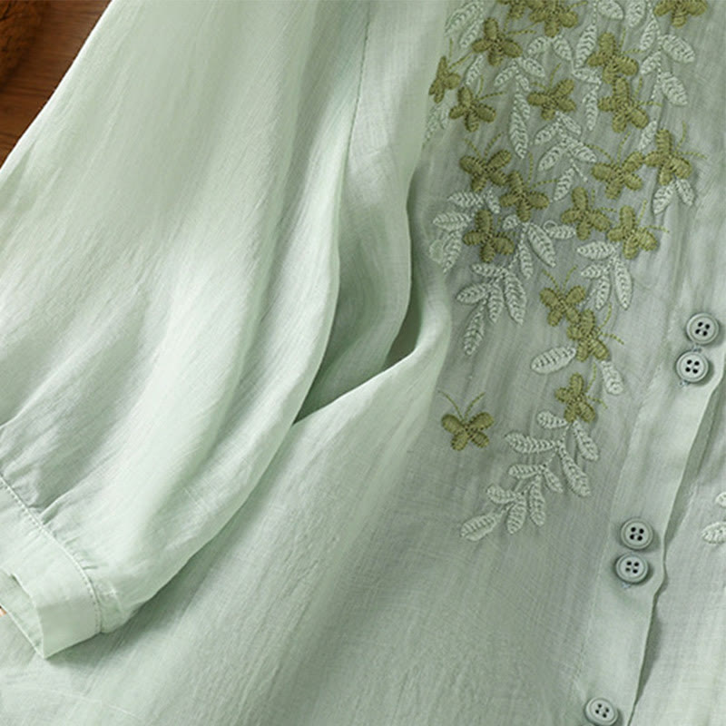 Buddha Stones Leaf Embroidery Cotton Buttons Half Sleeve Women's Shirt - image 7