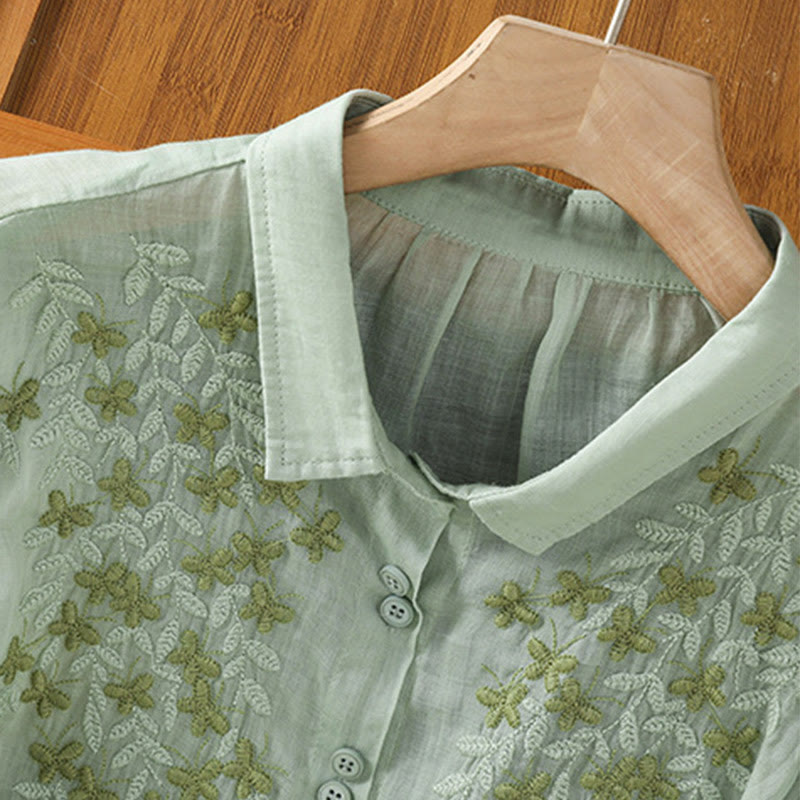 Buddha Stones Leaf Embroidery Cotton Buttons Half Sleeve Women's Shirt - image 4