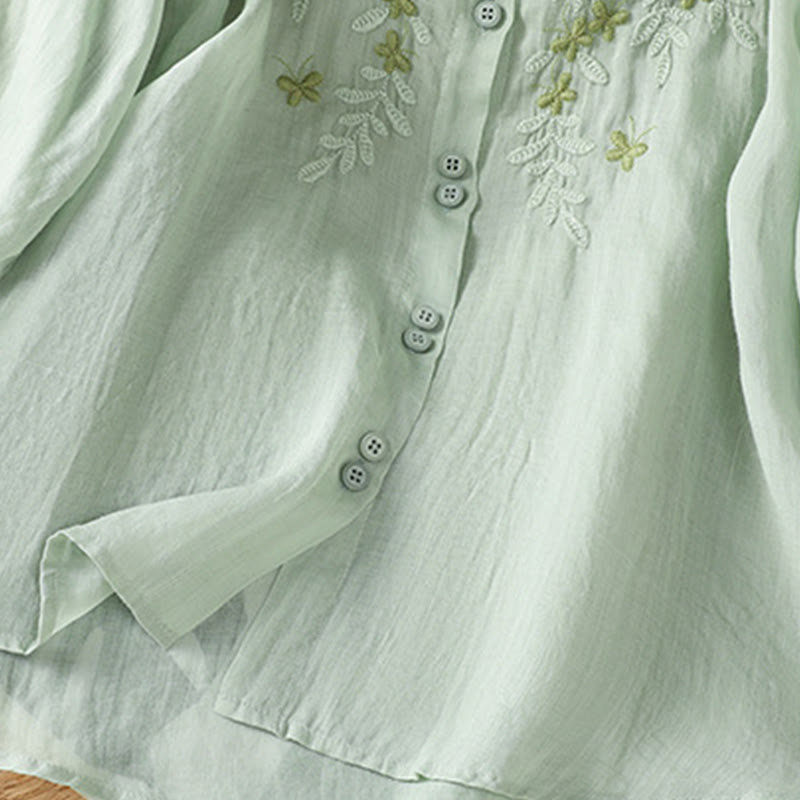Buddha Stones Leaf Embroidery Cotton Buttons Half Sleeve Women's Shirt - image 8