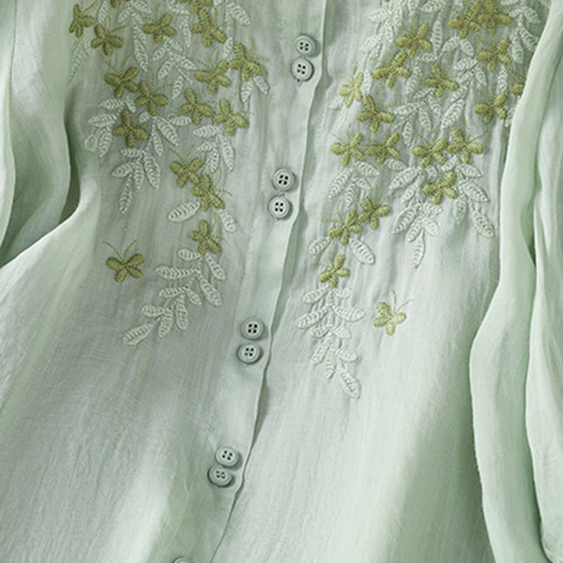 Buddha Stones Leaf Embroidery Cotton Buttons Half Sleeve Women's Shirt - image 6