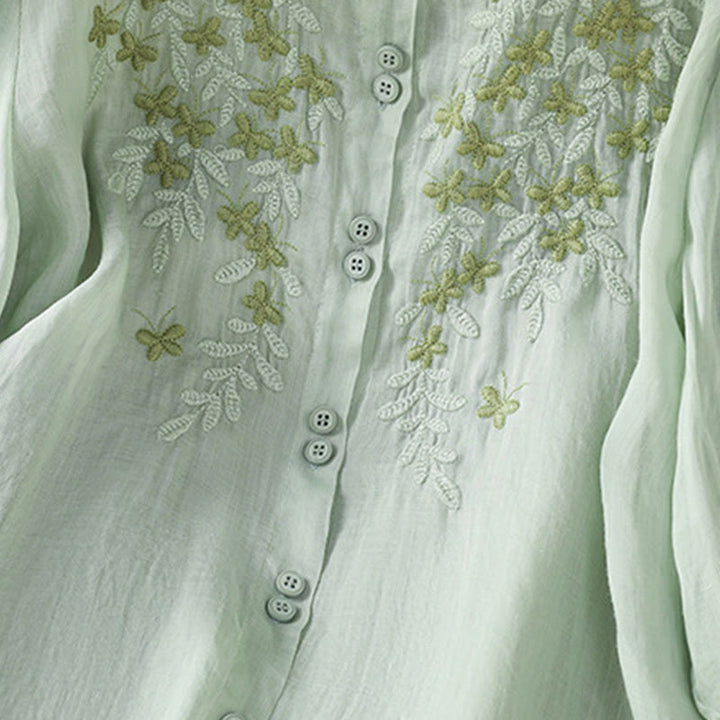 Buddha Stones Leaf Embroidery Cotton Buttons Half Sleeve Women's Shirt - image 6