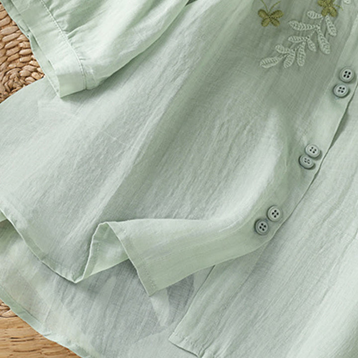 Buddha Stones Leaf Embroidery Cotton Buttons Half Sleeve Women's Shirt - image 9