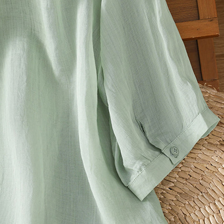 Buddha Stones Leaf Embroidery Cotton Buttons Half Sleeve Women's Shirt - image 5