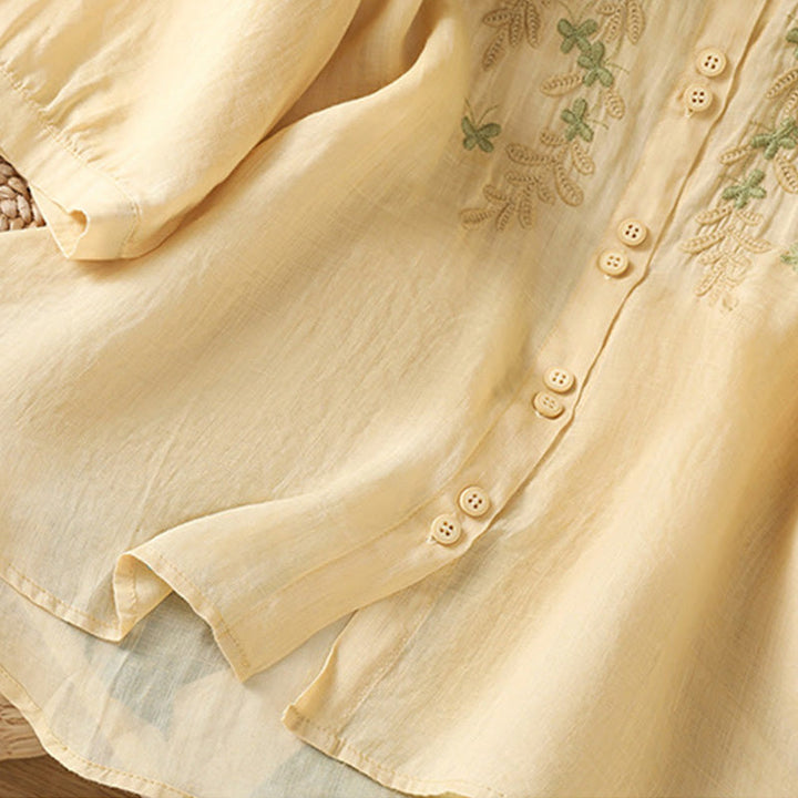 Buddha Stones Leaf Embroidery Cotton Buttons Half Sleeve Women's Shirt - image 20