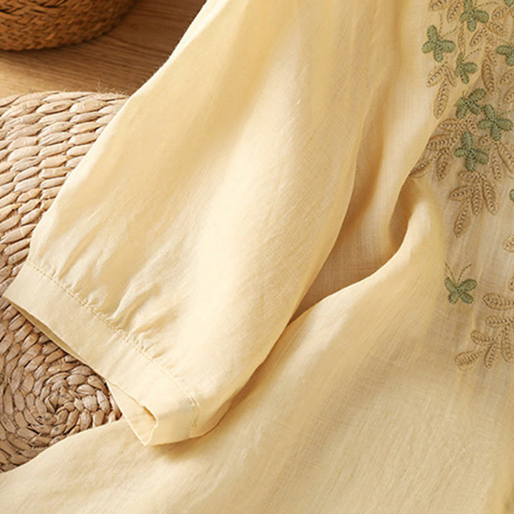 Buddha Stones Leaf Embroidery Cotton Buttons Half Sleeve Women's Shirt - image 16