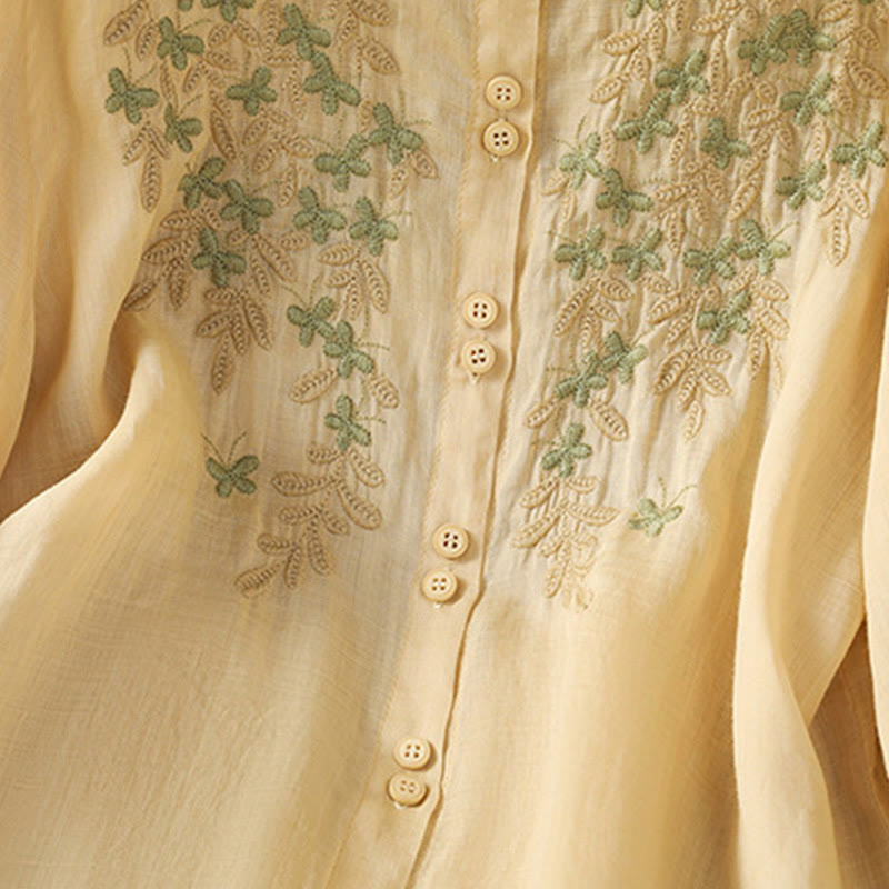 Buddha Stones Leaf Embroidery Cotton Buttons Half Sleeve Women's Shirt - image 18