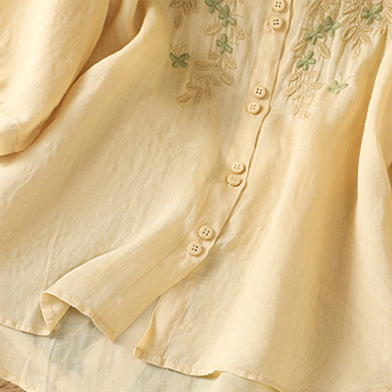 Buddha Stones Leaf Embroidery Cotton Buttons Half Sleeve Women's Shirt - image 19