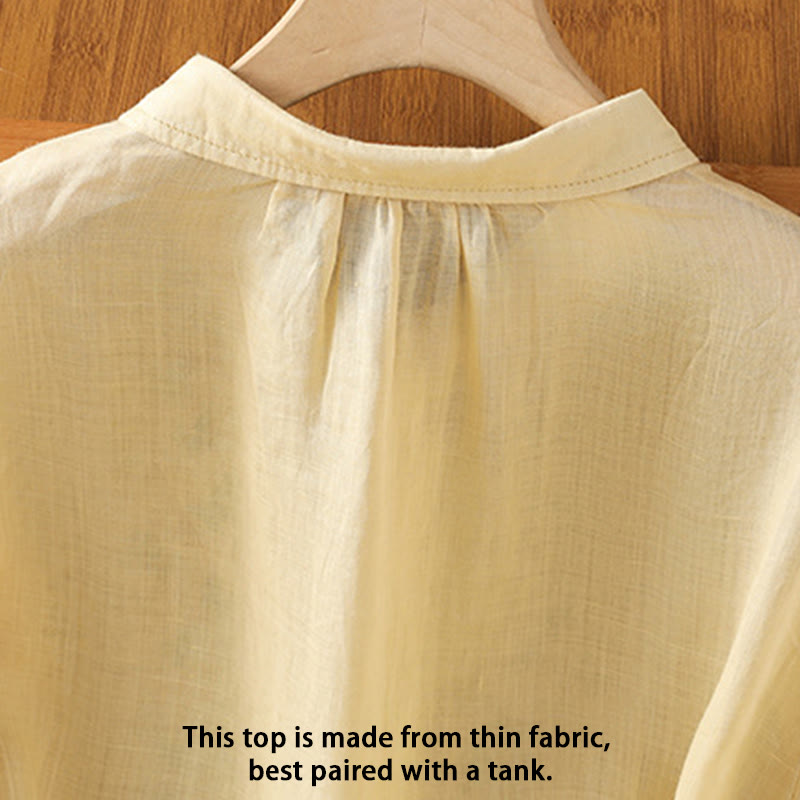 Buddha Stones Leaf Embroidery Cotton Buttons Half Sleeve Women's Shirt - image 14