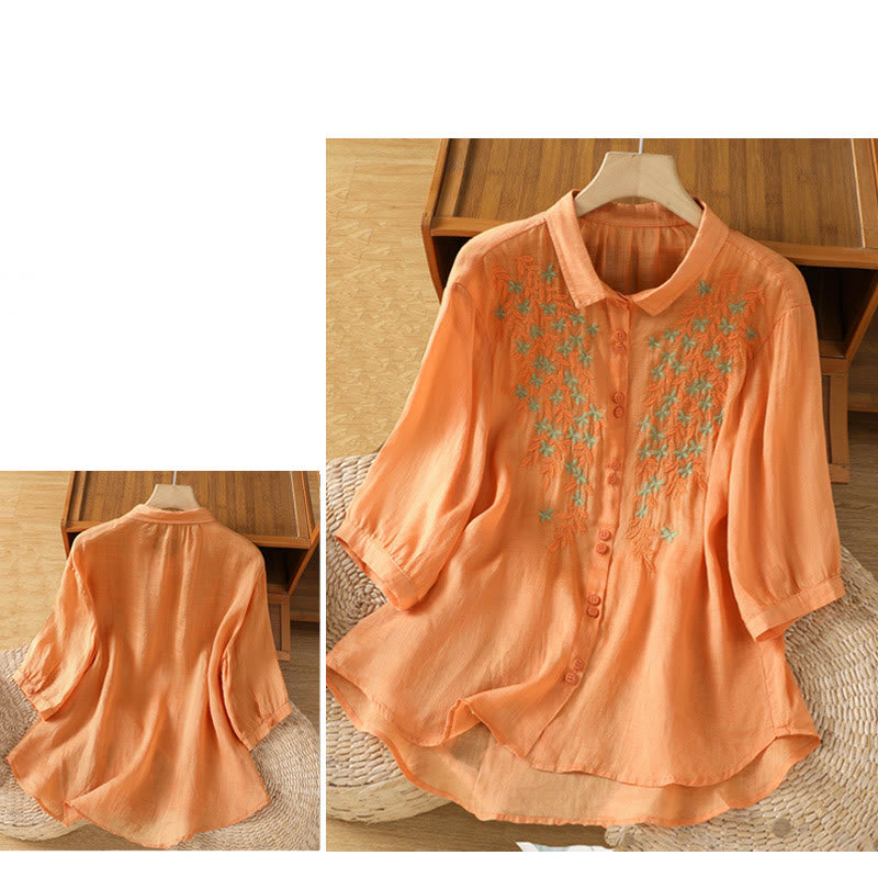Buddha Stones Leaf Embroidery Cotton Buttons Half Sleeve Women's Shirt - image 32
