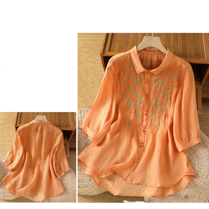 Buddha Stones Leaf Embroidery Cotton Buttons Half Sleeve Women's Shirt - image 32