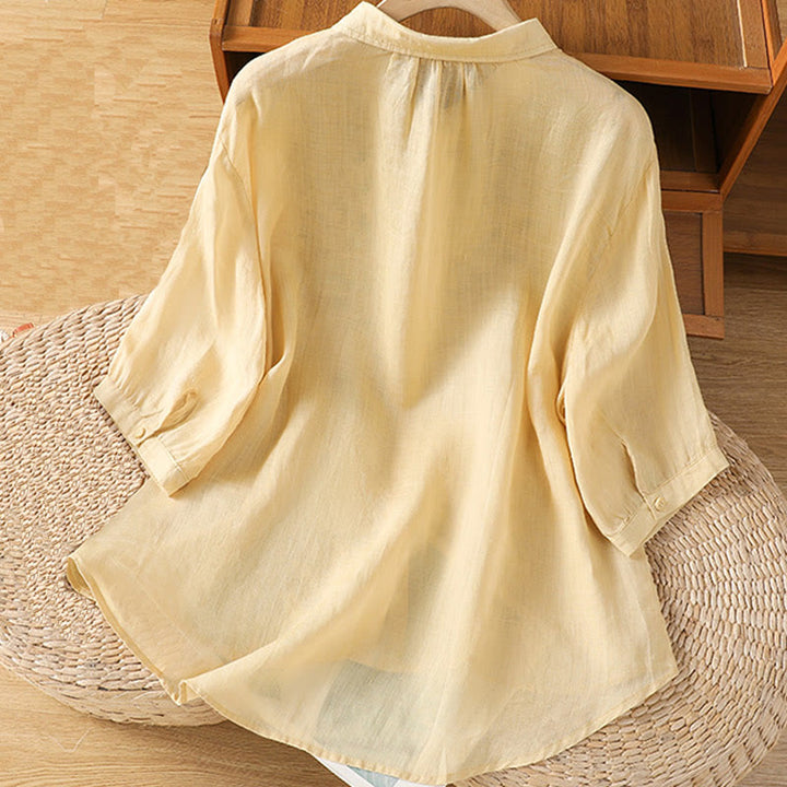 Buddha Stones Leaf Embroidery Cotton Buttons Half Sleeve Women's Shirt - image 12