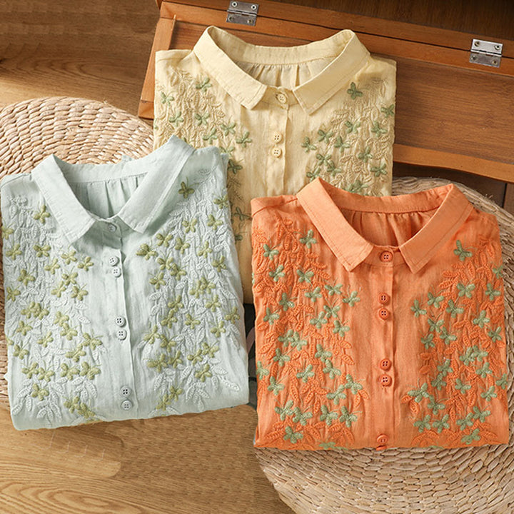 Buddha Stones Leaf Embroidery Cotton Buttons Half Sleeve Women's Shirt - image 33