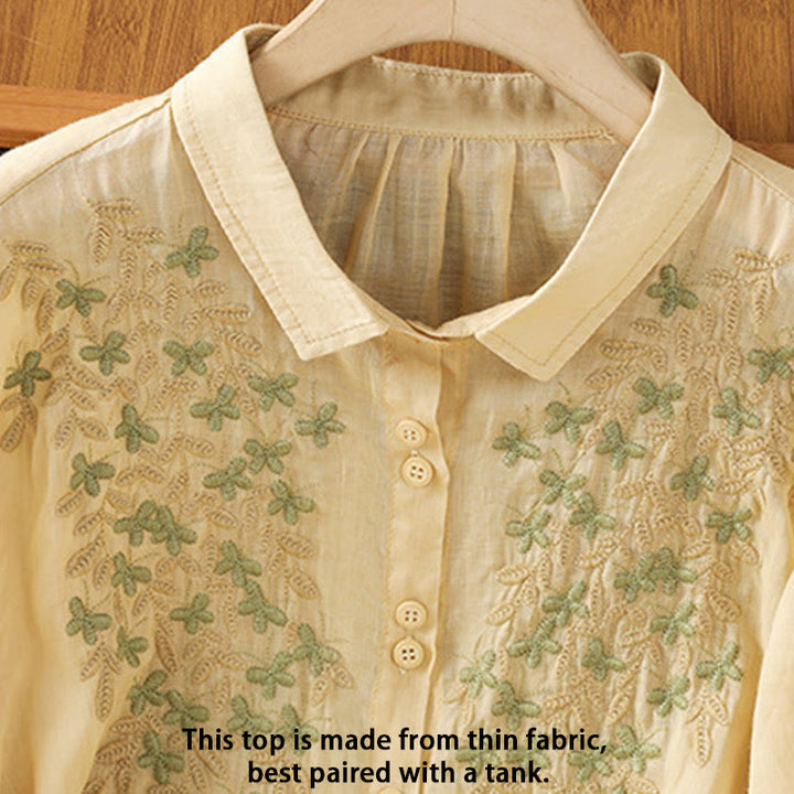 Buddha Stones Leaf Embroidery Cotton Buttons Half Sleeve Women's Shirt - image 13