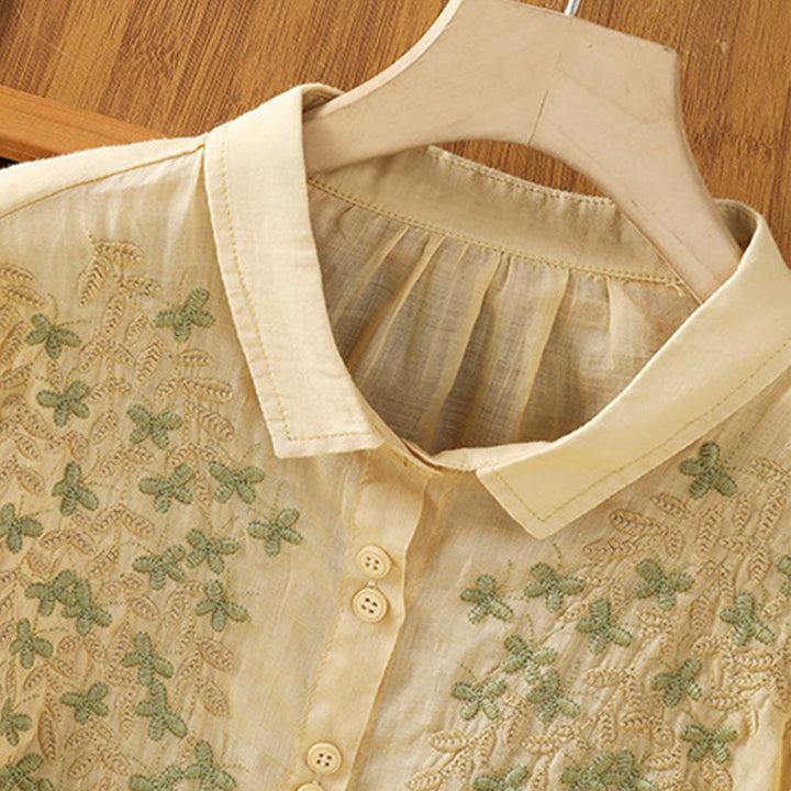 Buddha Stones Leaf Embroidery Cotton Buttons Half Sleeve Women's Shirt - image 17