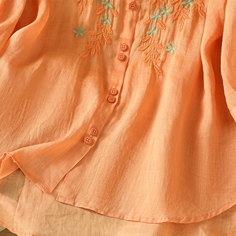 Buddha Stones Leaf Embroidery Cotton Buttons Half Sleeve Women's Shirt - image 30