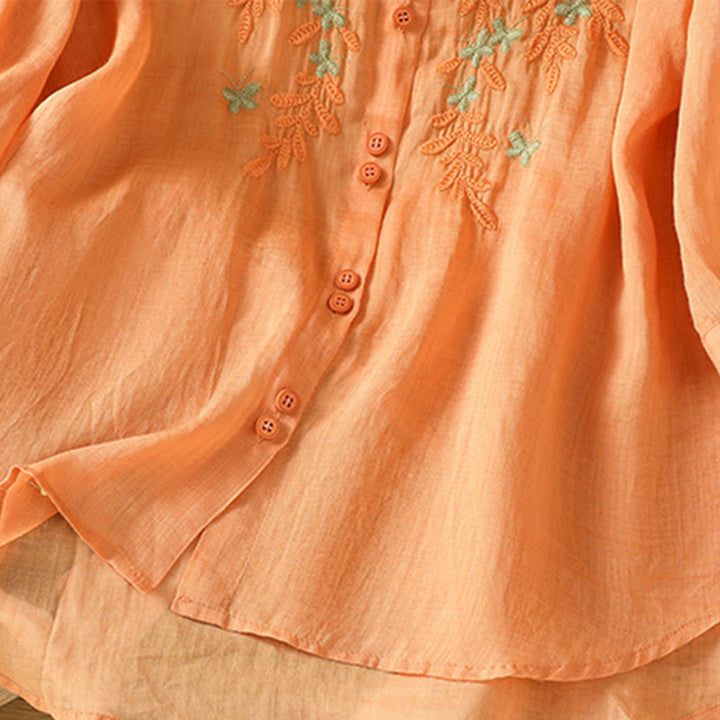 Buddha Stones Leaf Embroidery Cotton Buttons Half Sleeve Women's Shirt - image 30