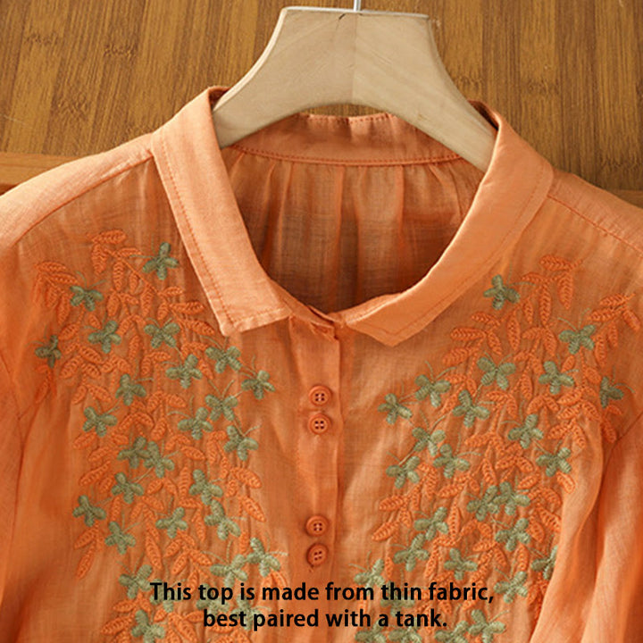Buddha Stones Leaf Embroidery Cotton Buttons Half Sleeve Women's Shirt - image 24