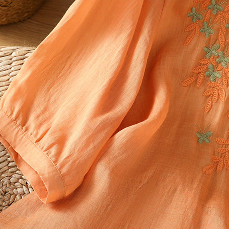 Buddha Stones Leaf Embroidery Cotton Buttons Half Sleeve Women's Shirt - image 26