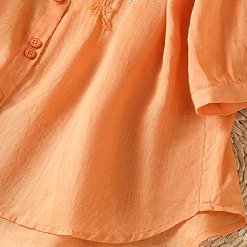 Buddha Stones Leaf Embroidery Cotton Buttons Half Sleeve Women's Shirt - image 31