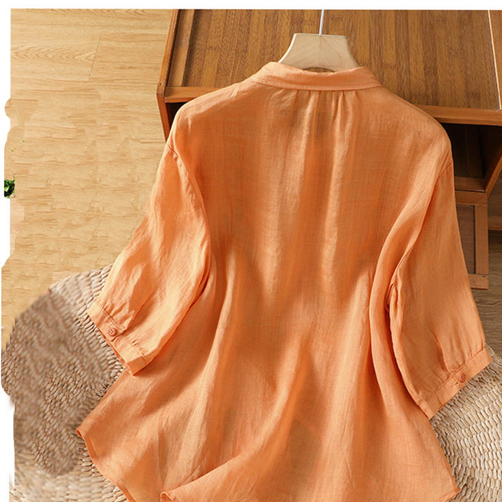 Buddha Stones Leaf Embroidery Cotton Buttons Half Sleeve Women's Shirt - image 23