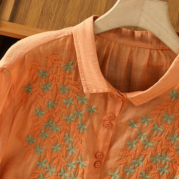 Buddha Stones Leaf Embroidery Cotton Buttons Half Sleeve Women's Shirt - image 28