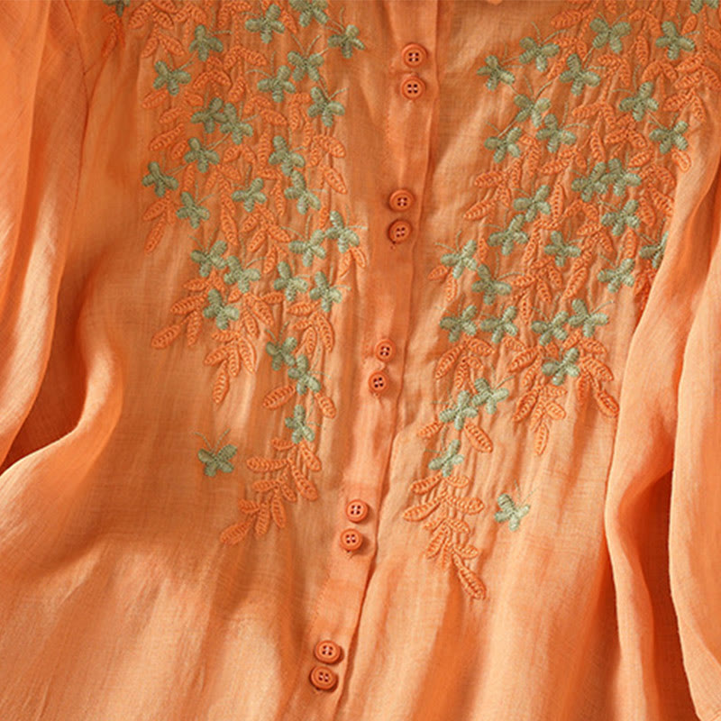 Buddha Stones Leaf Embroidery Cotton Buttons Half Sleeve Women's Shirt - image 29