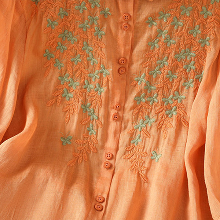 Buddha Stones Leaf Embroidery Cotton Buttons Half Sleeve Women's Shirt - image 29