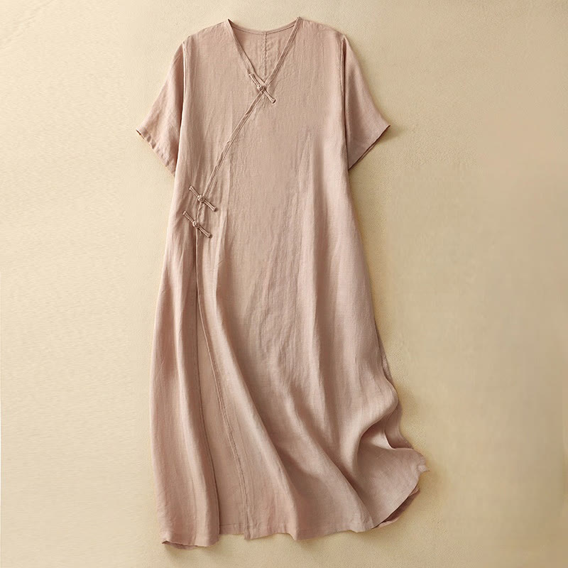 Buddha Stones Summer V-Neck Frog-Button Short Sleeve Cotton Linen Women's Midi Dress - MistyRose - US8-10，UK/AU12-14，EU40-42 (2XL) - image 0