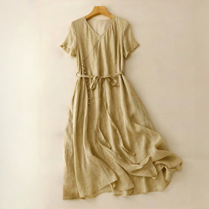 Buddha Stones Summer V-Neck Lace-up Short Sleeve Cotton Linen Women's Midi Dress With Pockets - BurlyWood - US8-10，UK/AU12-14，EU40-42 (2XL) - image 0