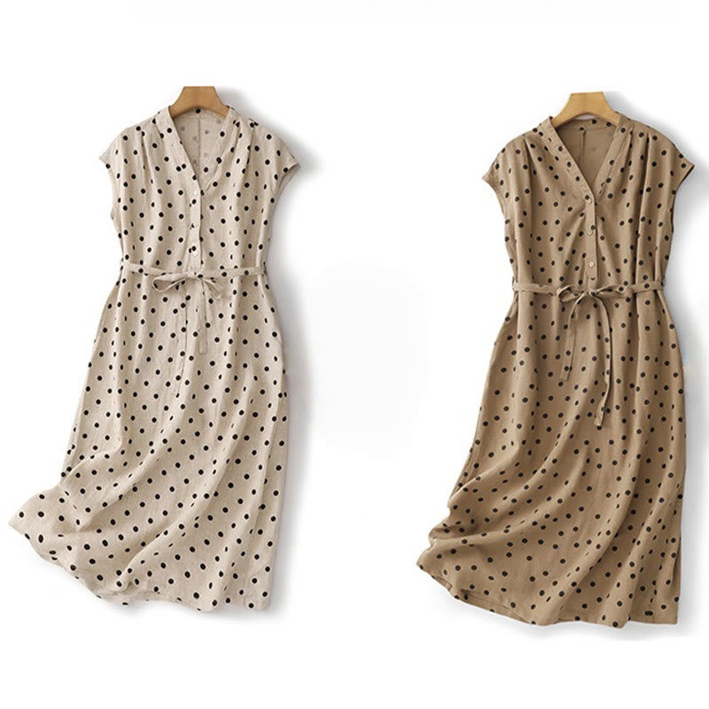 Buddha Stones Summer Polka Dot V-Neck Lace-up Cotton Linen Women's Midi Dress With Pockets - image 20