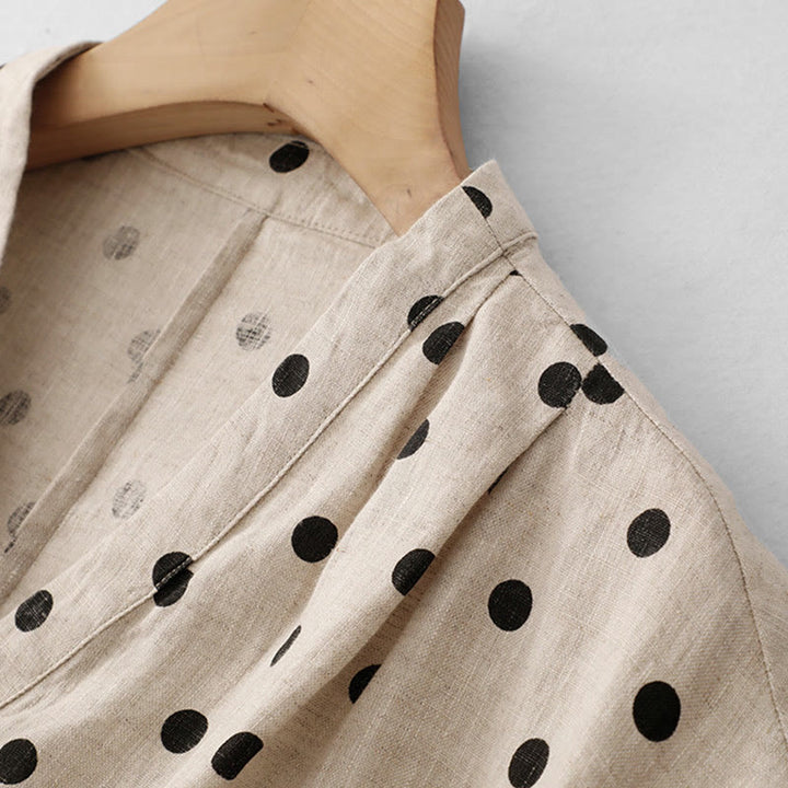 Buddha Stones Summer Polka Dot V-Neck Lace-up Cotton Linen Women's Midi Dress With Pockets - image 14