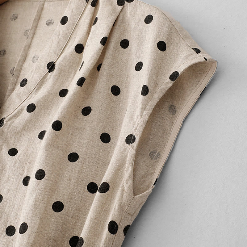 Buddha Stones Summer Polka Dot V-Neck Lace-up Cotton Linen Women's Midi Dress With Pockets - image 13