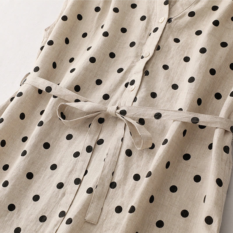 Buddha Stones Summer Polka Dot V-Neck Lace-up Cotton Linen Women's Midi Dress With Pockets - image 11